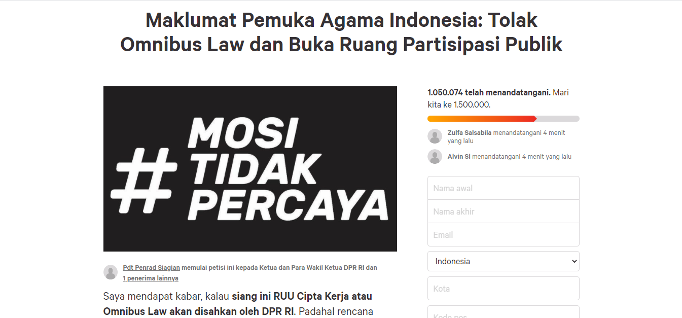 Petisi Online Pemuka Agama Tolak UU Cipta Kerja Sudah Diteken 1 Juta Orang