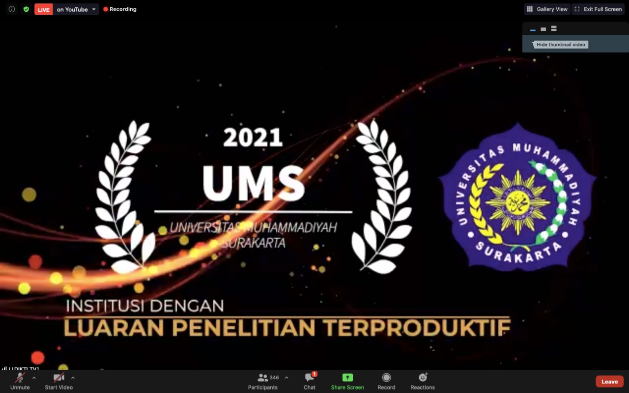 UMS Raih Penghargaan Sebagai PTS dengan Luaran Penelitian Terproduktif di Wilayah Jawa Tengah