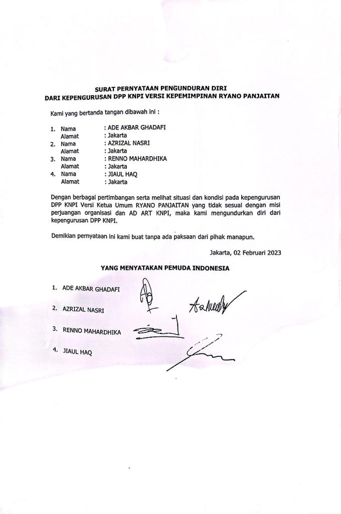 Surat Pernyataan Pengunduran diri DPP Amsi dari kepengurusan DPP KNPI Ryano Panjaitan.