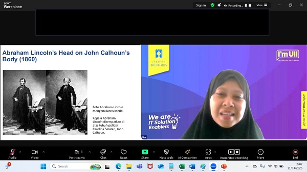 Erika Ramadhani saat menyampaikan materi pada Webinar MI UII #2: Pemanfaatan Multimedia Forensik untuk Investigasi Cybercrime. (foto : istimewa)