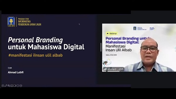 Ahmad Luthfi saat menyampaikan materi webinar Personal Branding untuk Mahasiswa Digital,' Sabtu (9/5/2026). (foto : istimewa)