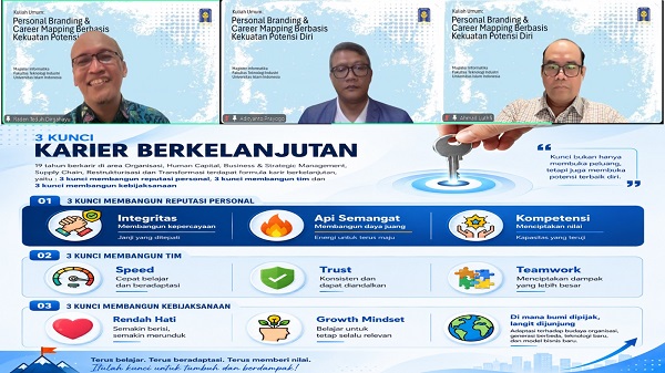 Kiri ke kanan: R Teduh Dirgahayu, Adityanto Prayogo, dan Dr Ahmad Luthfi, Manajer Akademik Keilmuan Magister Informatika FTI UII saat menyampaikan materi Kuliah Umum, Sabtu (20/6/2026). (foto : istimewa)