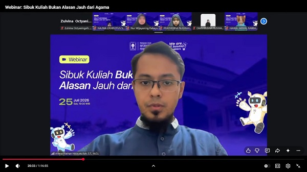 Ahmad Fathan Hidayatullah saat menyampaikan materi Webinar 'Sibuk Kuliah Bukan Alasan Jauh dari Agama' secara virtual, Sabtu (25/7/2026). (foto : istimewa)