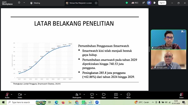 Rohsan Nur Marjianto (atas), dan Ahmad Luthfi saat memaparkan hasil penelitian secara virtual, Rabu (1/7/2026). (foto : screenshotzoom/heri purwata)